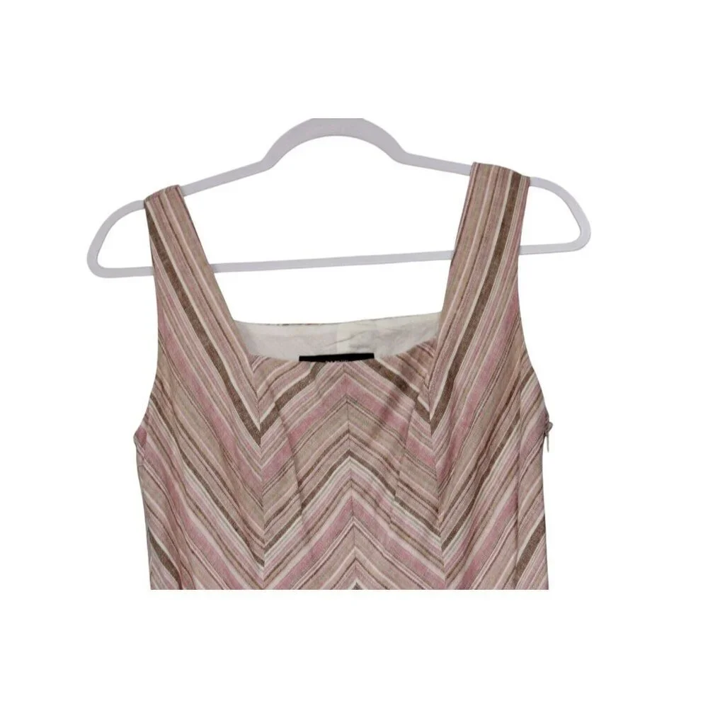 Fit & Flare Swing Midi Dress Size 4 Linen Chevron Beach Retro Boho Sundress